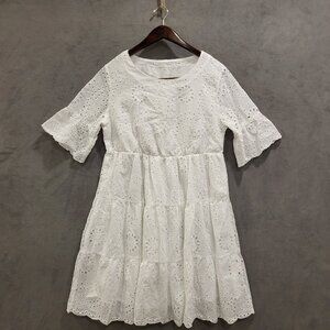 Eyelet Lace Midi Dress Women Medium White Tiered‎ Ruffle Hem Simple Beachy Boho